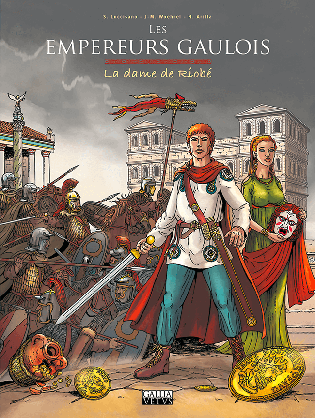 Couverture de l'album BD "Les Empereurs Gaulois T1- La Dame de Riobé", une bande dessinée captivante par S. Luccisano, J.-M. Woehrel. La couverture vibrant de détails montre des guerriers romains du 3ème siècle en plein affrontement. Pour les passionnés d'histoire antique et de roman policier.